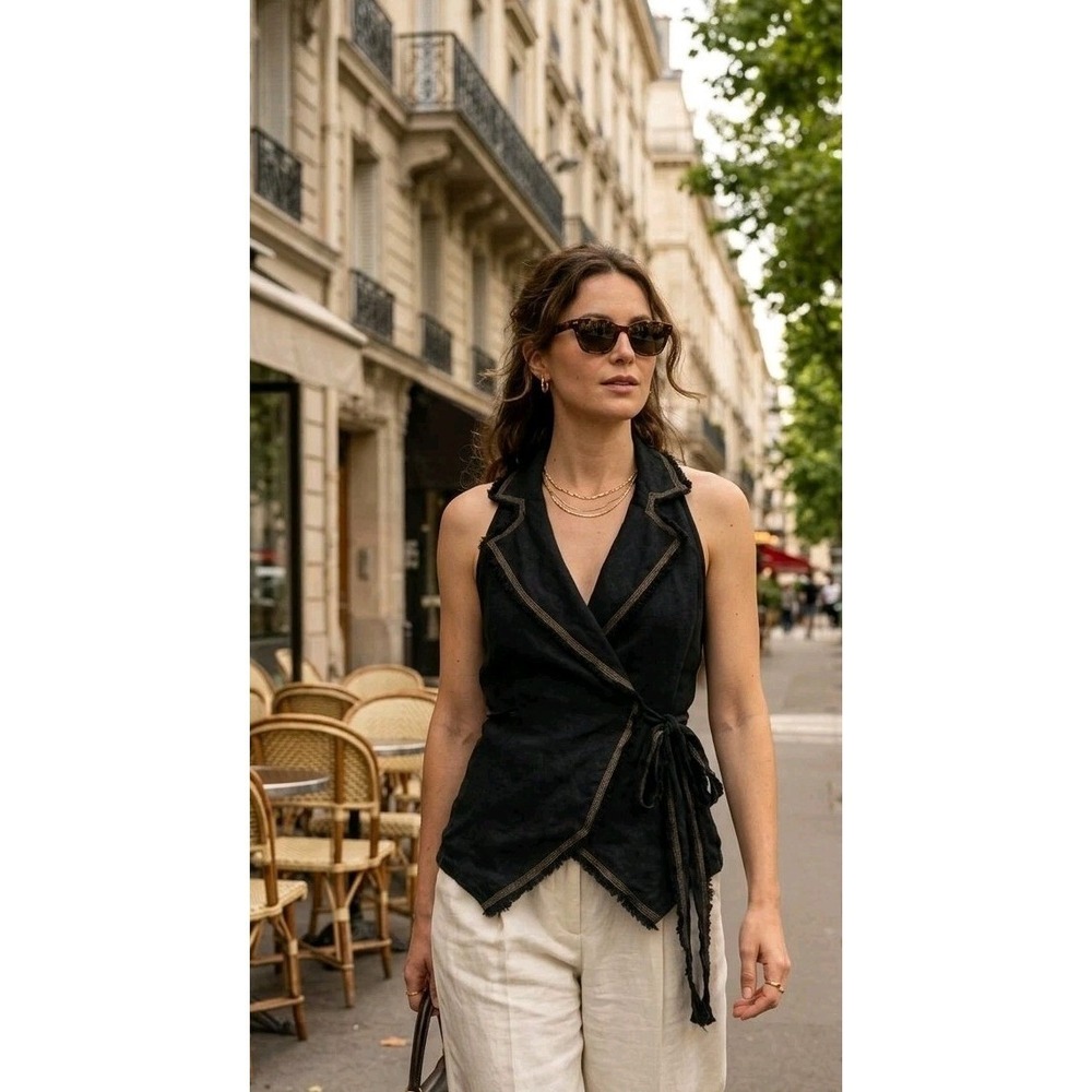 Anne Fontaine Size 40 Linen Wrap Lagenlook Navy Black Vest Luxury Parisan
